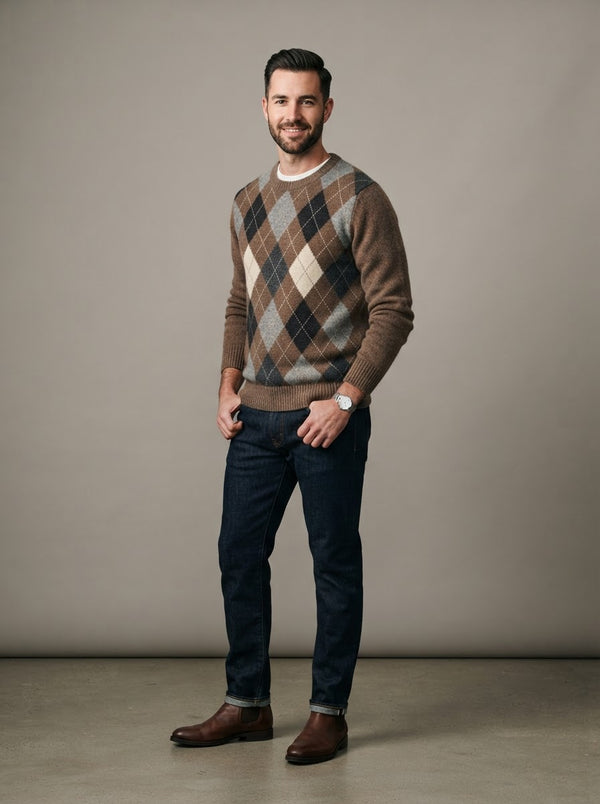 LSW4 Argyle Crew Neck Sweater — Brown Argyle