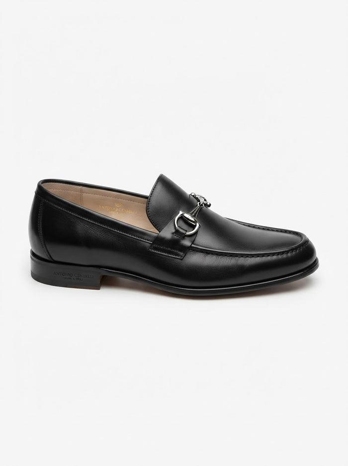 Antonio Cerrelli 7001 Cap Toe Strap Slip-On — Polished Onyx Black Leather w/ Saddle Strap Detail