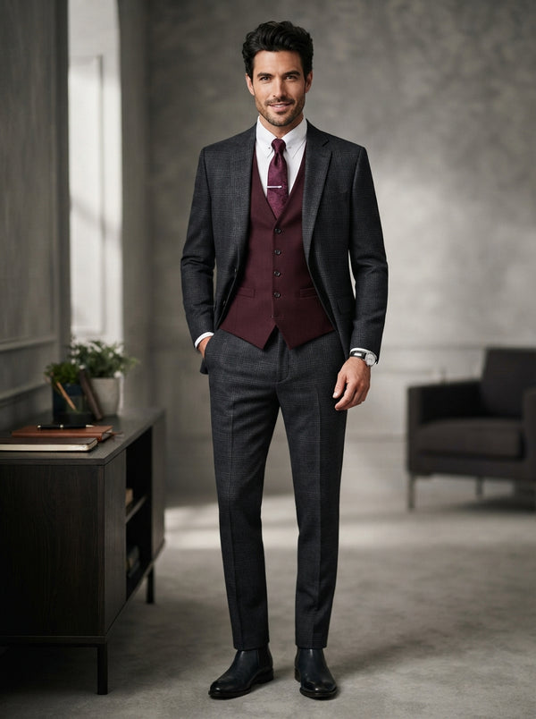 Hartford 3PC Tailored Suit Set — Black Burgundy Plaid w/ Solid Burgundy Vest