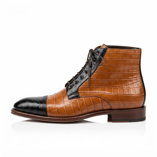 Vangelo 88255 Croco Cap Toe Lace — Cognac Croco Print & Smooth Leather Two-Tone