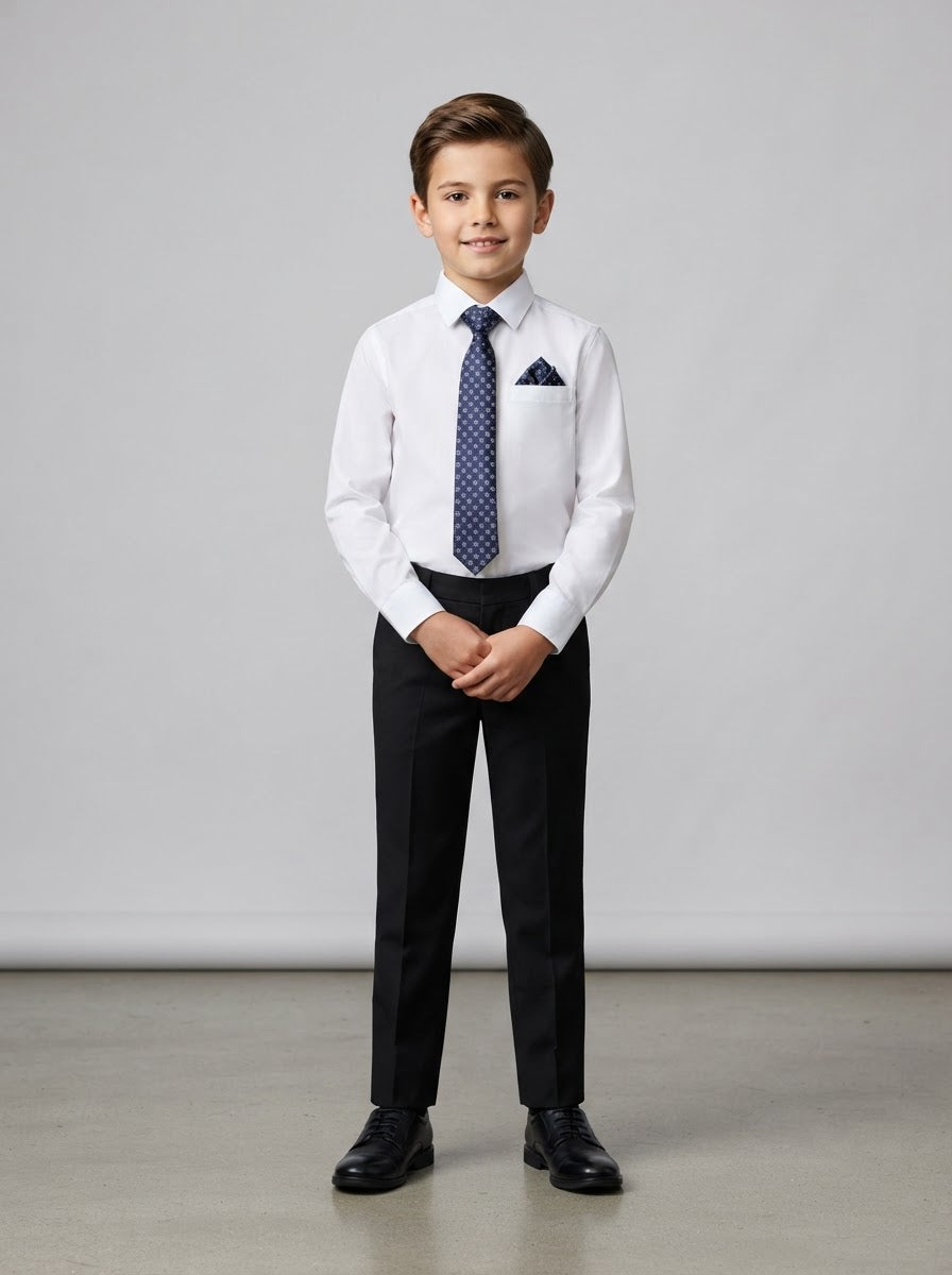 PBTF19 Boy Dress Shirt & Tie Set — White Shirt w/ Navy Patterned Tie