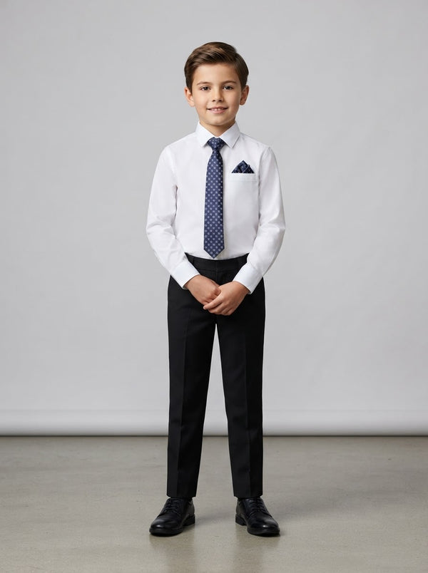 PBTF19 Boy Dress Shirt & Tie Set — White Shirt w/ Navy Patterned Tie