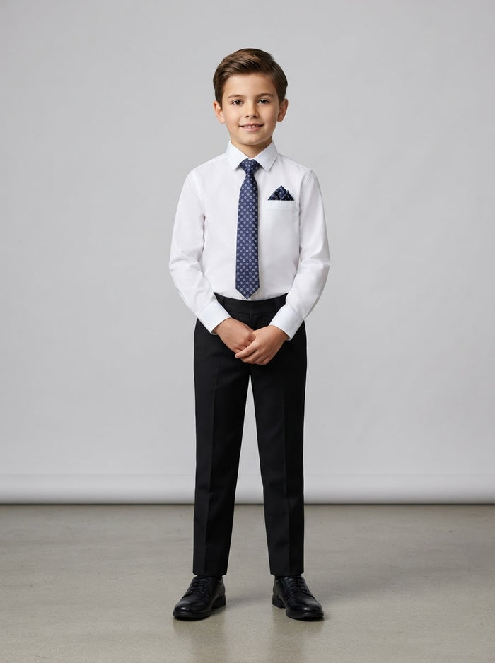PBTF19 Boy Dress Shirt & Tie Set — White Shirt w/ Navy Patterned Tie