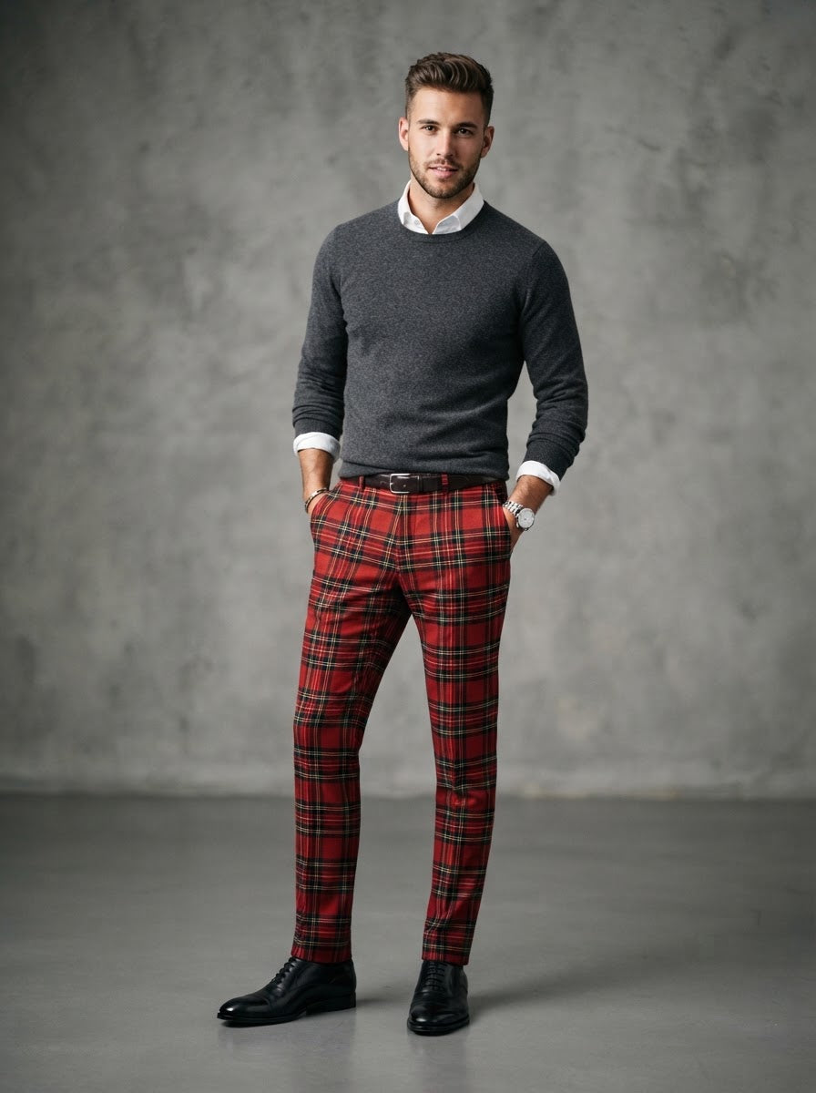 PL-300 Slim Fit Flat Front Plaid Dress Pants — Red / Black Tartan Plaid