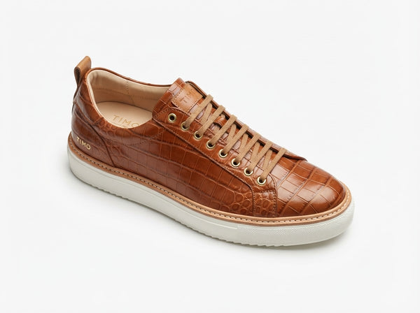 TIMO Rubber Welt Sneaker — Cognac Tan Croco Embossed Leather w/ Tan Laces