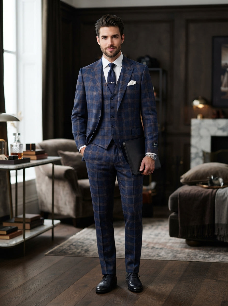 Galgani 3PC Tailored Fit Suit — Indigo Blue Plaid Super 200s Wool & Cashmere