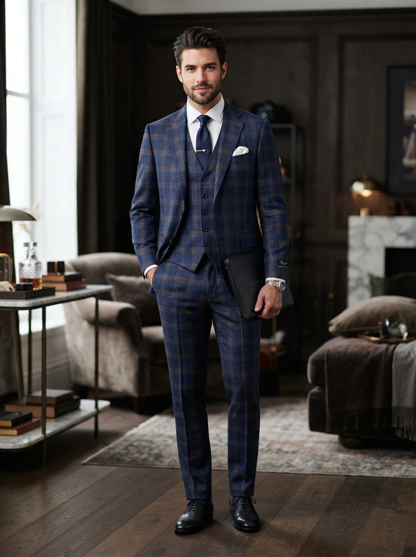 Galgani 3PC Tailored Fit Suit — Indigo Blue Plaid Super 200s Wool & Cashmere