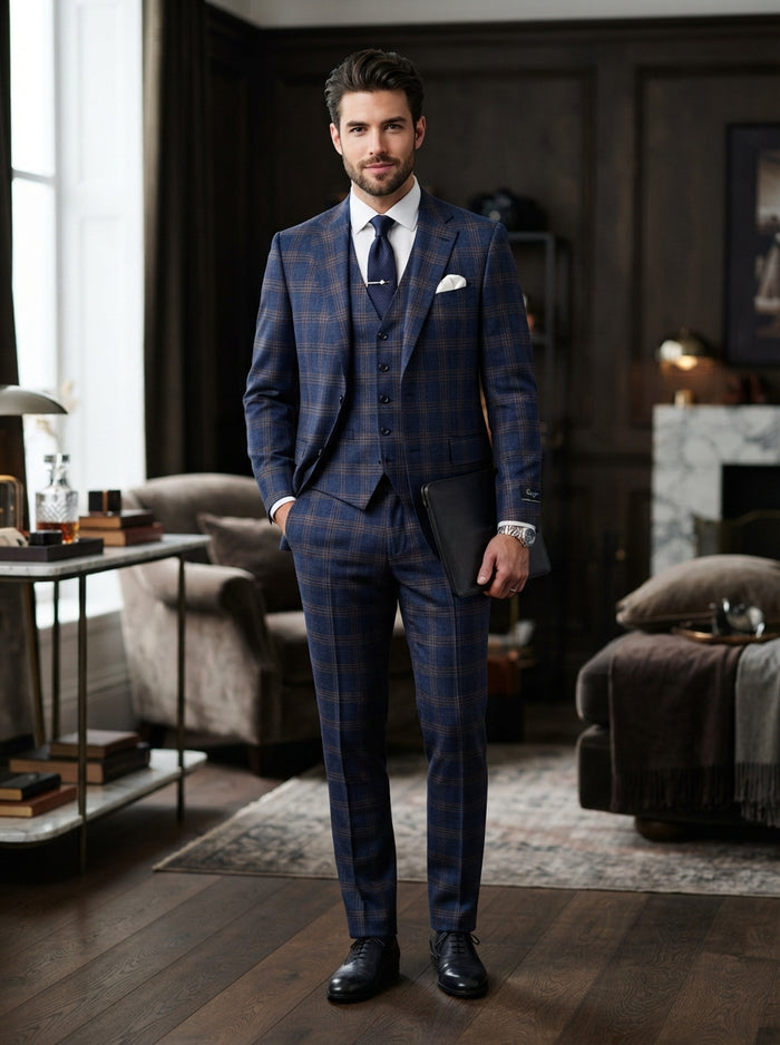 Galgani 3PC Tailored Fit Suit — Indigo Blue Plaid Super 200s Wool & Cashmere