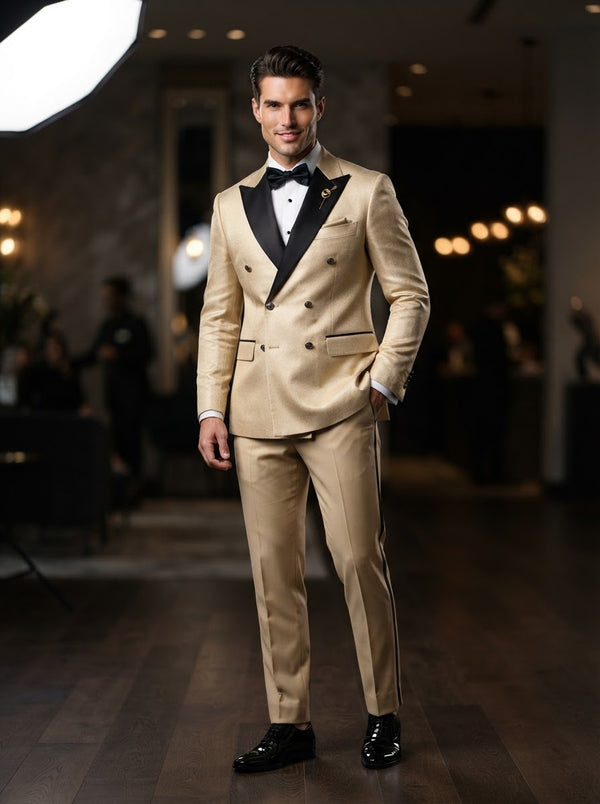 TMDB-1 Double Breasted Modern Tuxedo — Beige Gold w/ Satin Peak Contrast Lapel