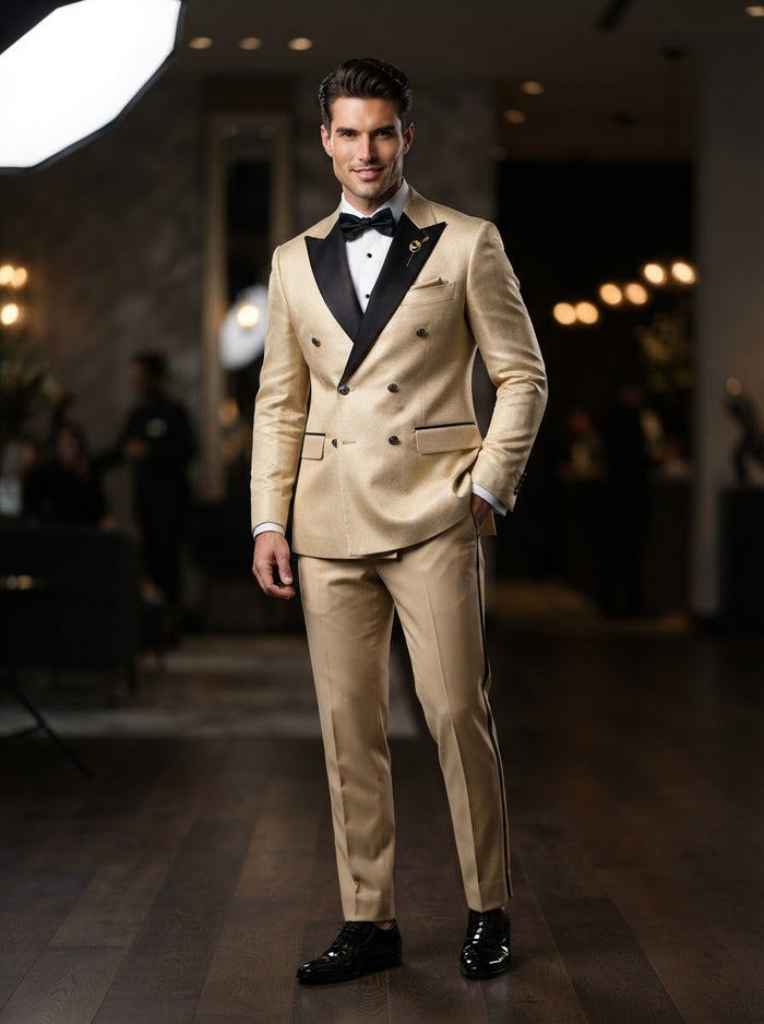 TMDB-1 Double Breasted Modern Tuxedo — Beige Gold w/ Satin Peak Contrast Lapel