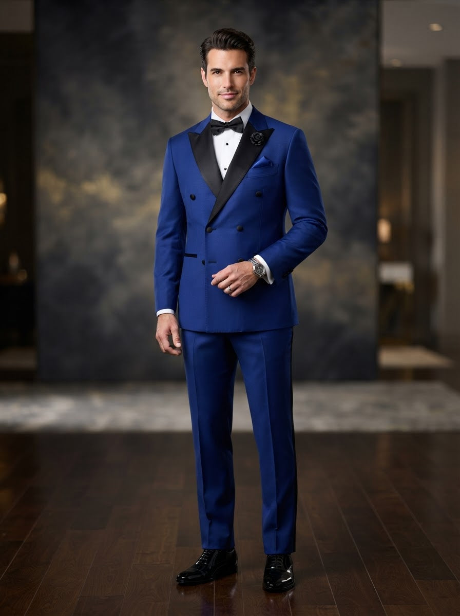TDB-900 Luxurious Wool Feel Double Breasted Tuxedo — Royal Blue w/ Satin Lapel & Fancy Lining