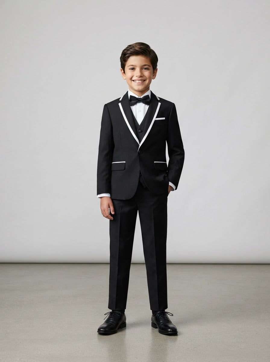 BT187 Boy Solid 4PC Tuxedo Set — Black w/ White Trim Satin Peak Lapel