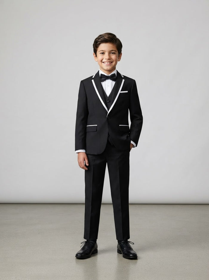 BT187 Boy Solid 4PC Tuxedo Set — Black w/ White Trim Satin Peak Lapel