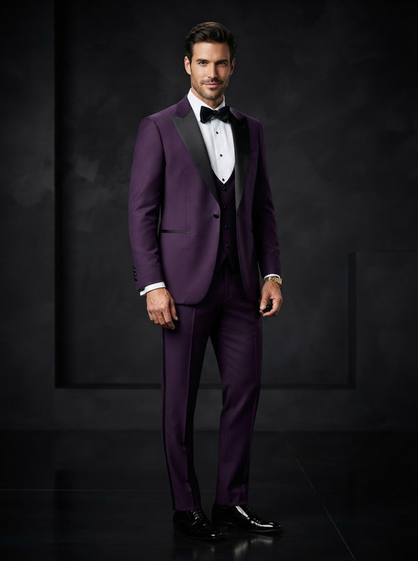 TUX-SH 3PC Tailored Fit Tuxedo — Vibrant Purple w/ Black Satin Shawl Lapel