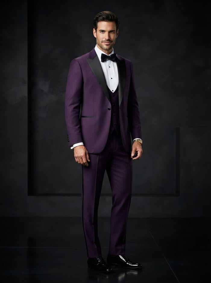 TUX-SH 3PC Tailored Fit Tuxedo — Vibrant Purple w/ Black Satin Shawl Lapel