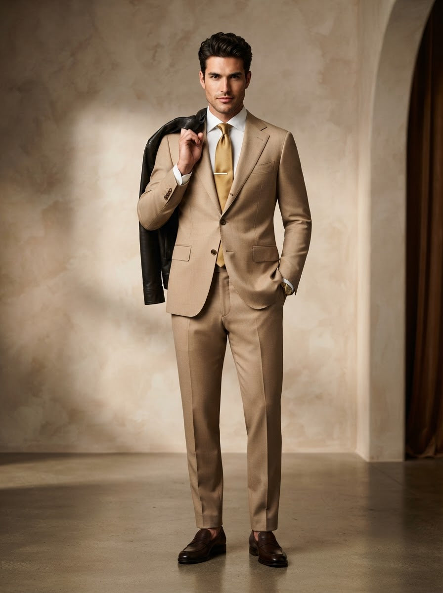 Tailored Tan Sand Suit w/ Gold Silk Tie — Sand