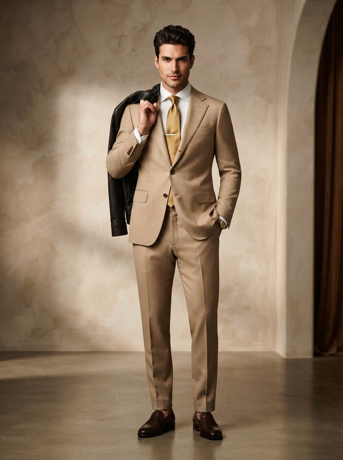 Tailored Tan Sand Suit w/ Gold Silk Tie — Sand