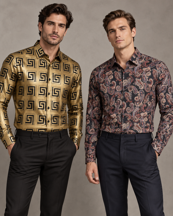 Gold Olive Patterned Dress Shirt