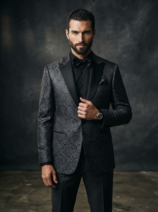 Ike Behar 165 Charcoal Paisley Peak Tuxedo — Charcoal