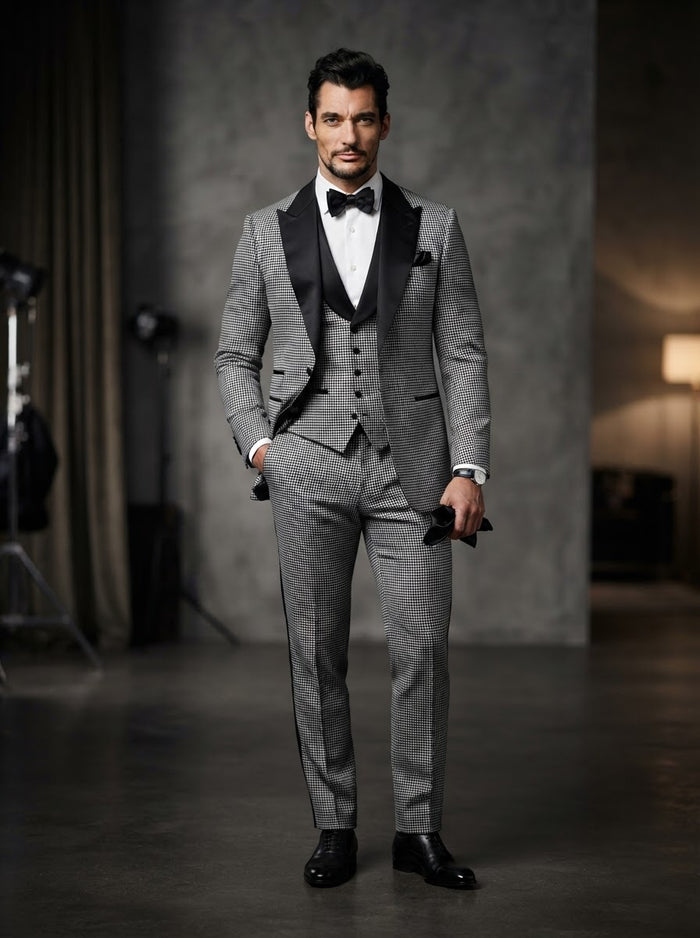 TVMHT-4 Houndstooth Wool Feel 3PC Suit — Black & White Houndstooth w/ Vest & Free Lapel Pin