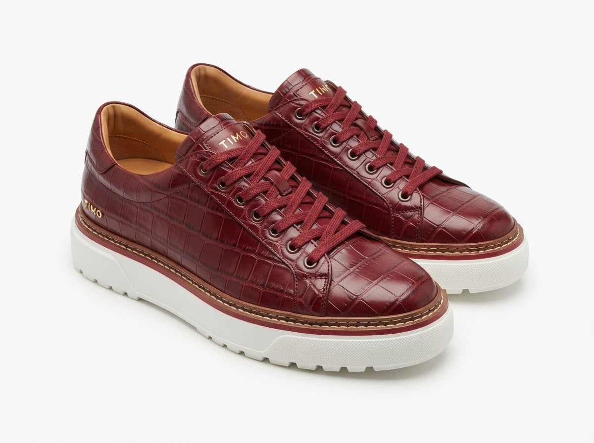 MASON Croco Plain Toe Lace — Burgundy Red Croco Print & Smooth Leather