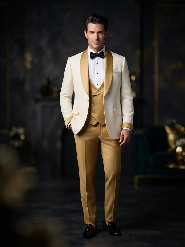 Hilton 3PC Tailored Tuxedo — Off White & Gold Satin Lapel Trim