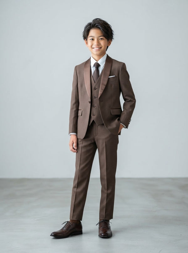 B365 Boy Solid 5PC Suit Set — Cafe Brown w/ Satin Shawl Collar
