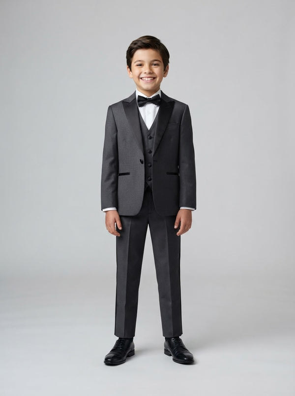 BT187 Boy Solid 4PC Tuxedo Set — Dark Gray w/ Satin Peak Lapel