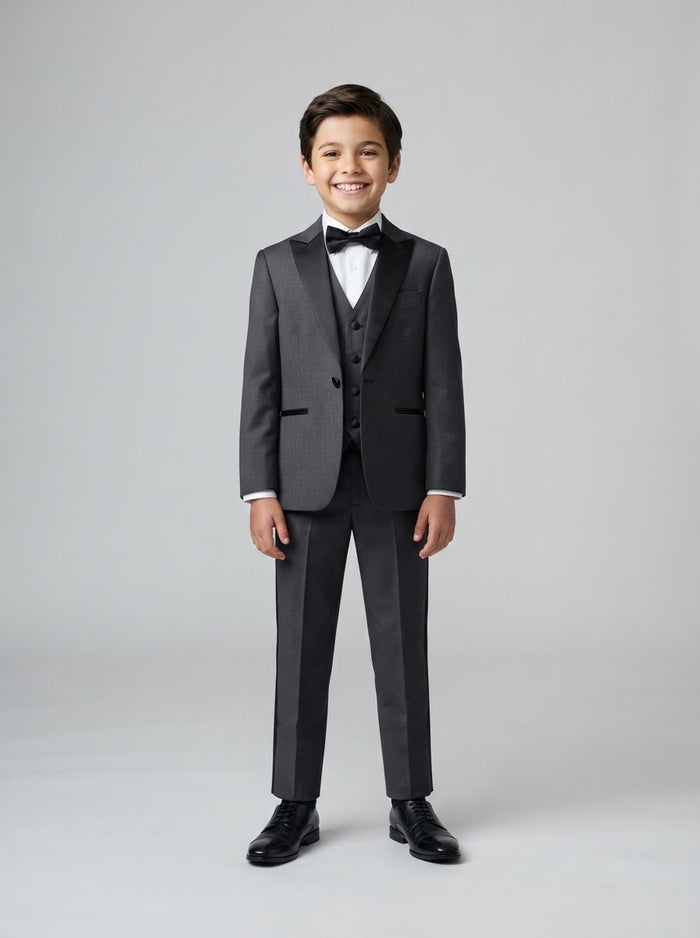 BT187 Boy Solid 4PC Tuxedo Set — Dark Gray w/ Satin Peak Lapel