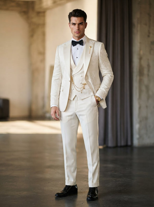 TVMF-2 Luxurious Wool Feel 3PC Fancy Suit — Pearl Off-White Pattern w/ Vest & Free Chain