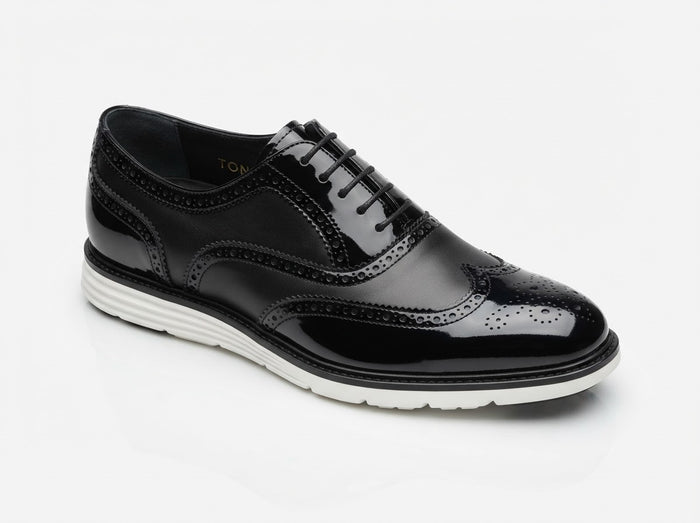 After Midnight 5900 Formal Patent Plain Toe Lace — Black Mirror Gloss Patent Leather w/ Red Bottom Accent
