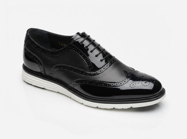 TONE Wingtip Lace Oxford — Glossy Black Patent Leather w/ Broguing