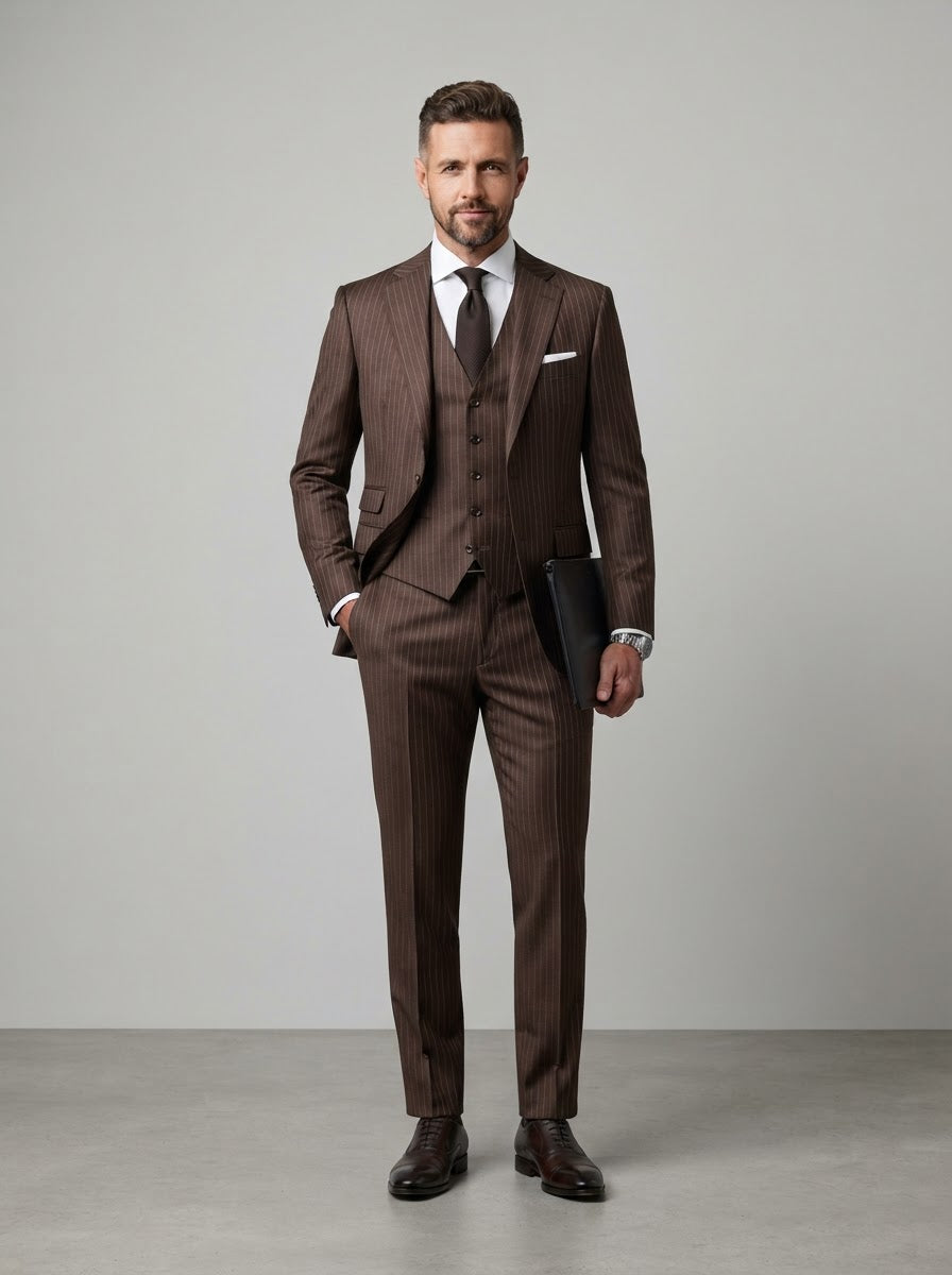 Executive V2RS-7 3PC Pinstripe Suit — Rich Brown Pinstripe