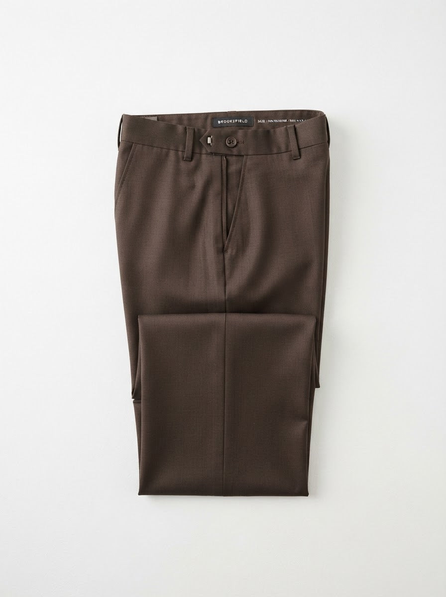 Plain Front 100% Polyester Dress Pants — Brown