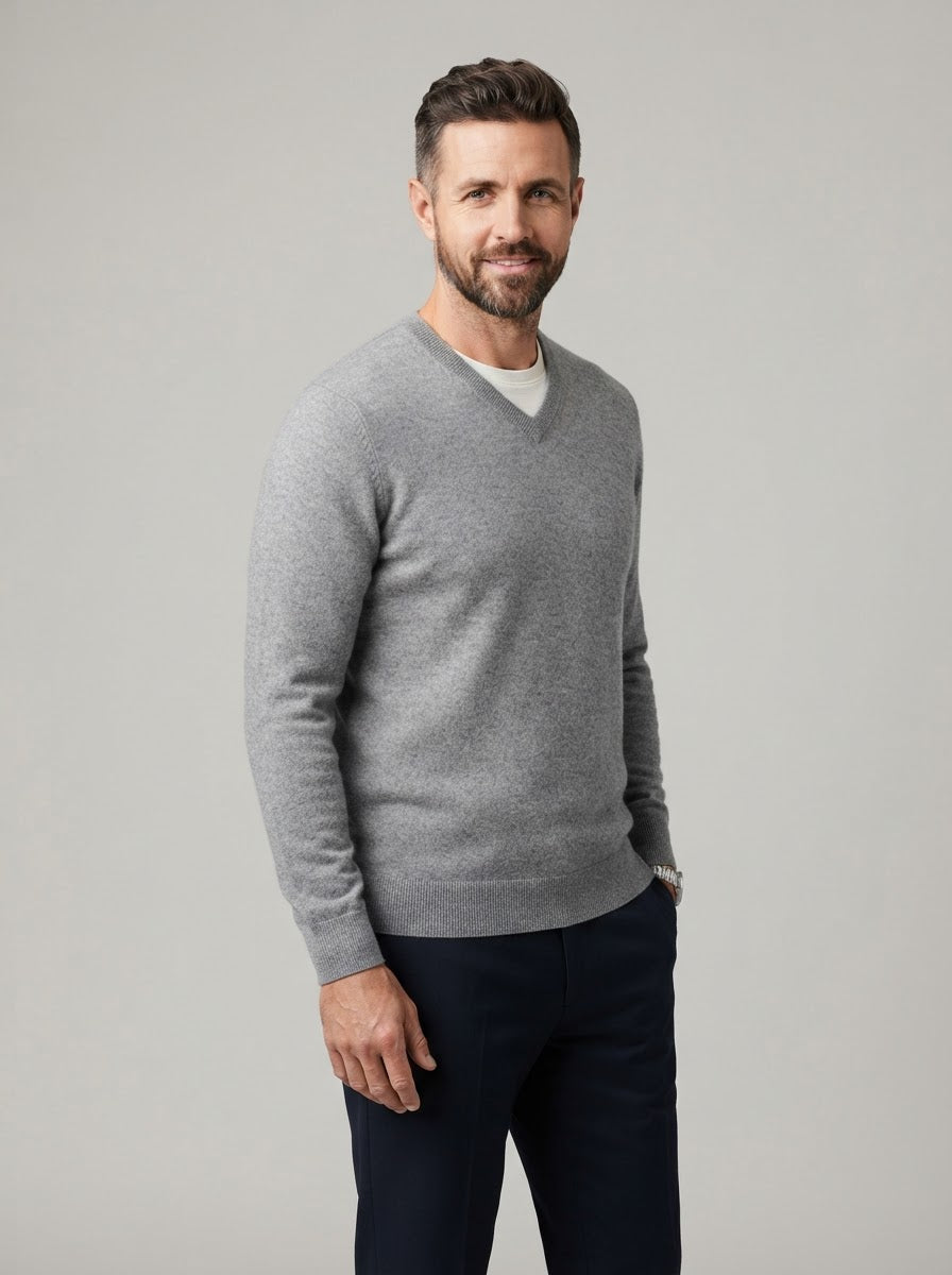 Fine Knit V-Neck Sweater — Silver
