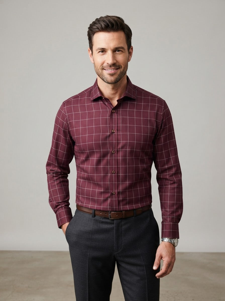MSL18-2 Fine Touch Microfiber Shirt — Burgundy Grid Check
