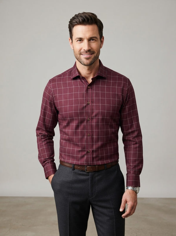 MSL18-2 Fine Touch Microfiber Shirt — Burgundy Grid Check
