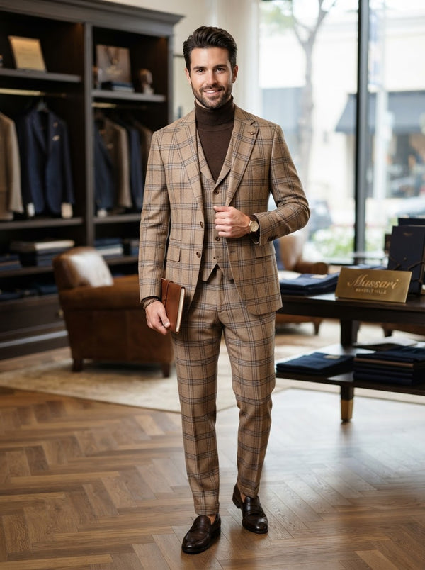 Massari 3PC Tailored Plaid Suit — Tan Beige Plaid Super 180s Wool