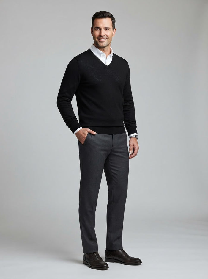 Fine Knit V-Neck Sweater — Black