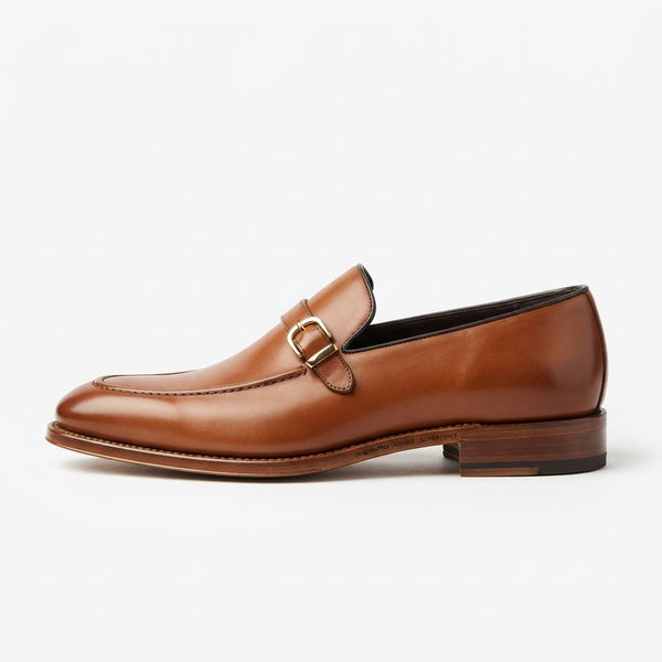 Vangelo 88251 Moc Toe Buckle Slip-On — Cognac Tan Leather w/ Gold Buckle