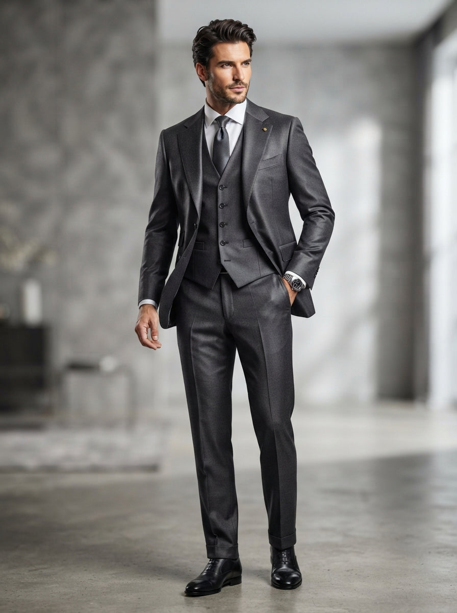 Piazo 3PC Tailored Fit Suit Set — Charcoal Grey Super 200s Wool & Cashmere