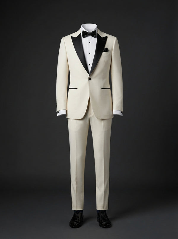 Cosmo 3PC Tailored Tuxedo — Ivory & Contrast Satin Lapel