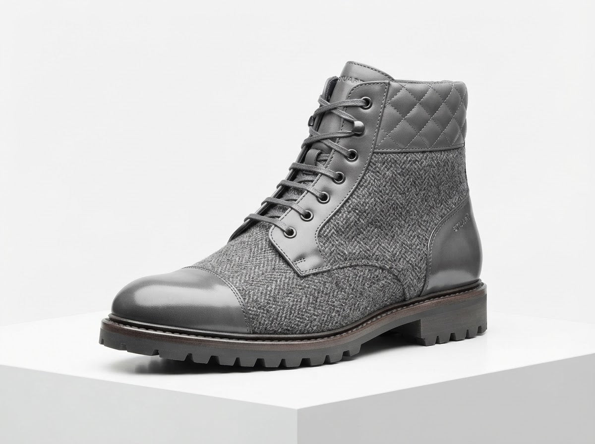 STUART Cap Toe Quilted Collar Boot — Grey Tweed & Polished Grey Leather w/ Lug Sole