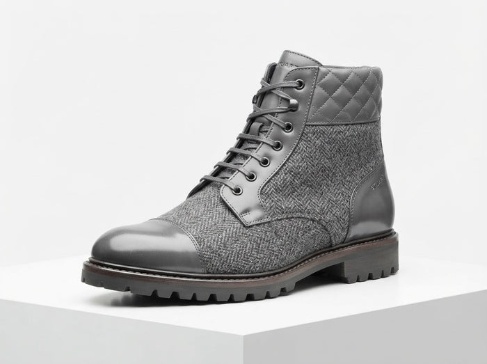 STUART Cap Toe Quilted Collar Boot — Grey Tweed & Polished Grey Leather w/ Lug Sole