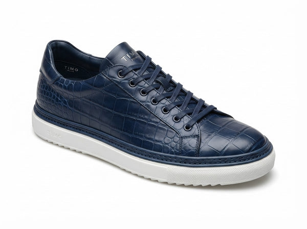 TIMO Rubber Welt Sneaker — Cobalt Navy Blue Croco Embossed Leather