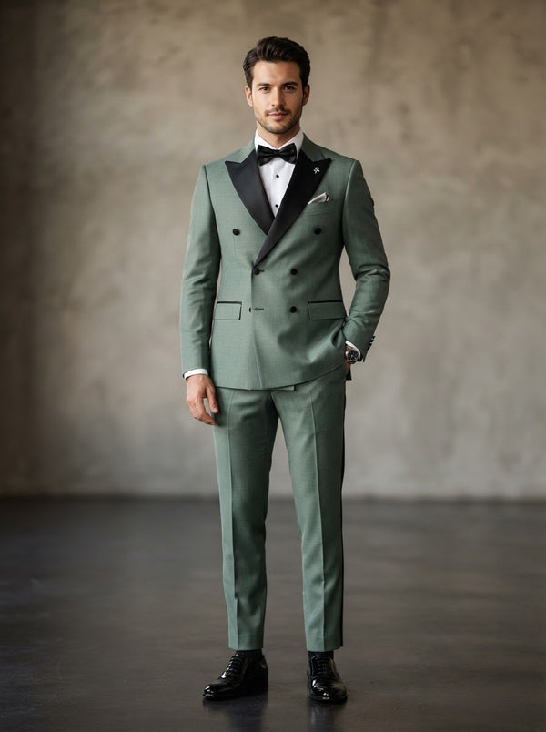 TDB-900 Luxurious Wool Feel Double Breasted Tuxedo — Dusty Green w/ Black Satin Lapel