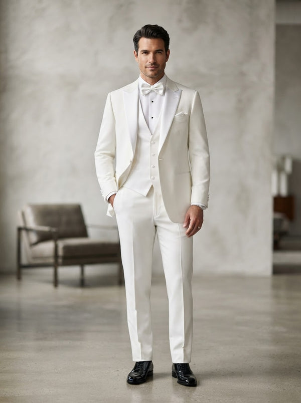 4TV-1 Regular Fit 4-Piece Tuxedo Set — Crisp Pure White Tuxedo w/ Vest & Bow Tie