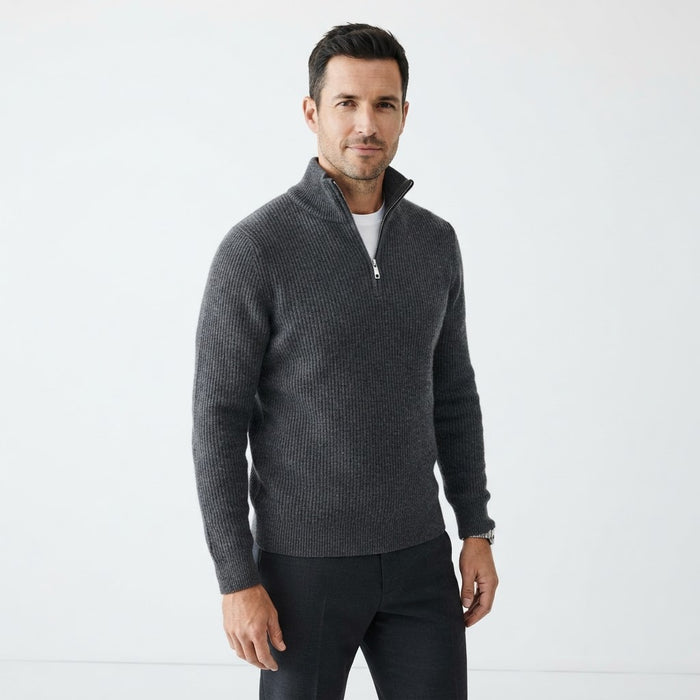 Marquis 9458 Half-Zip Ribbed Cardigan — Charcoal Grey Ribbed Cotton