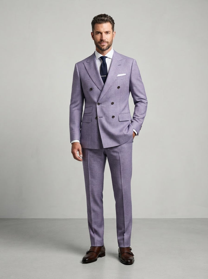Executive DRW-2 Double Breasted Suit — Light Purple Glen Plaid