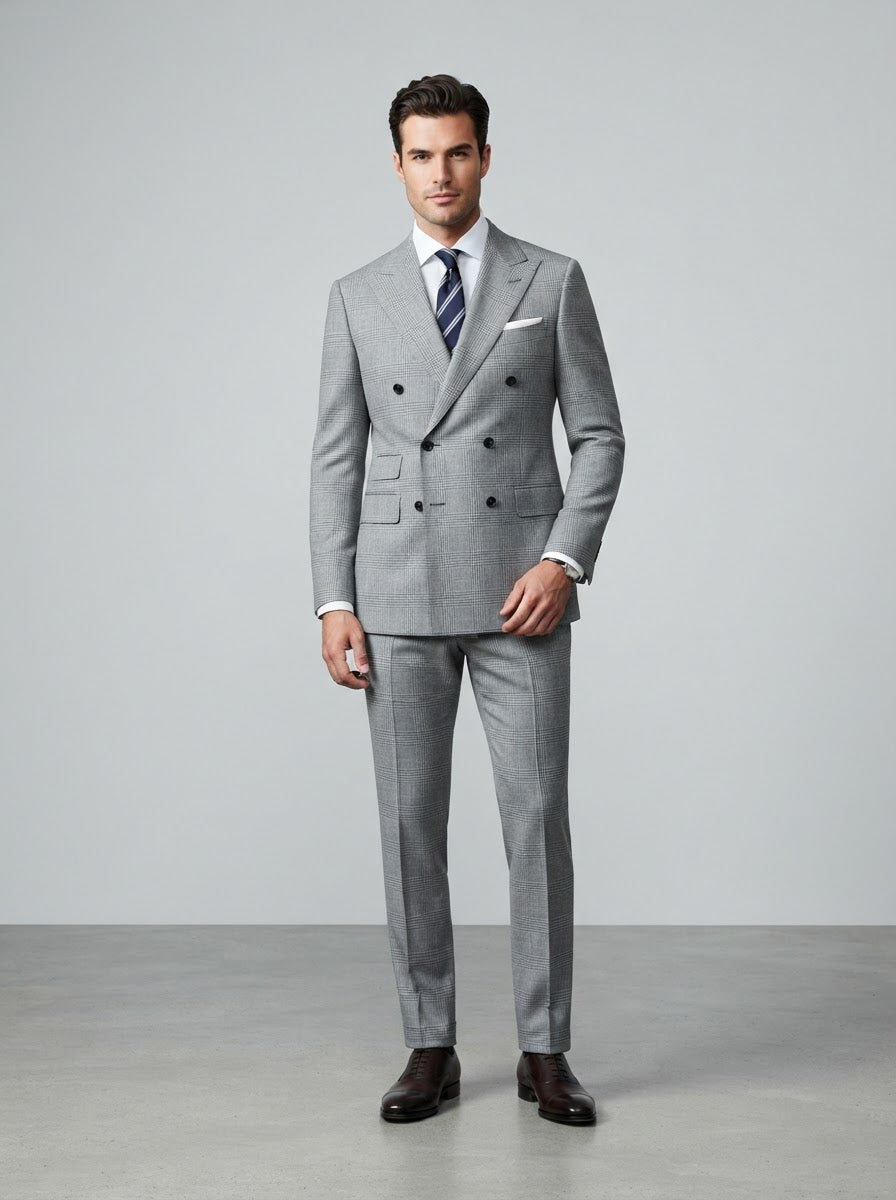 Executive DRW-2 Double Breasted Suit — Light Gray Glen Plaid